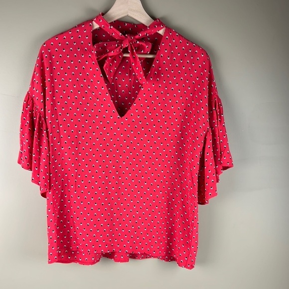 Zara WOMAN Red Patterned  Blouse with Ruffled Flowy Short Sleeves - Picture 2 of 9